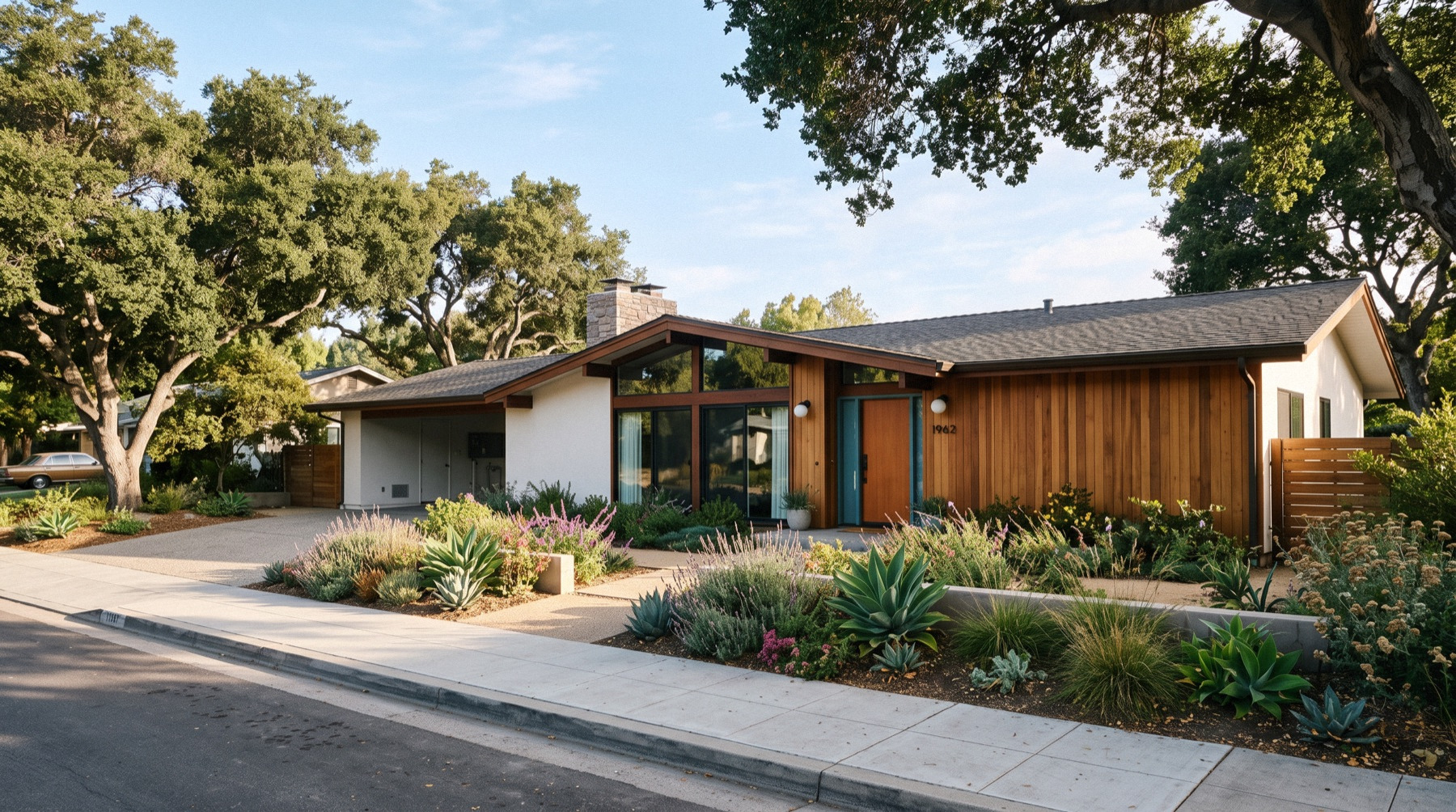 California ranch home with cedar siding, mature oaks and native landscaping