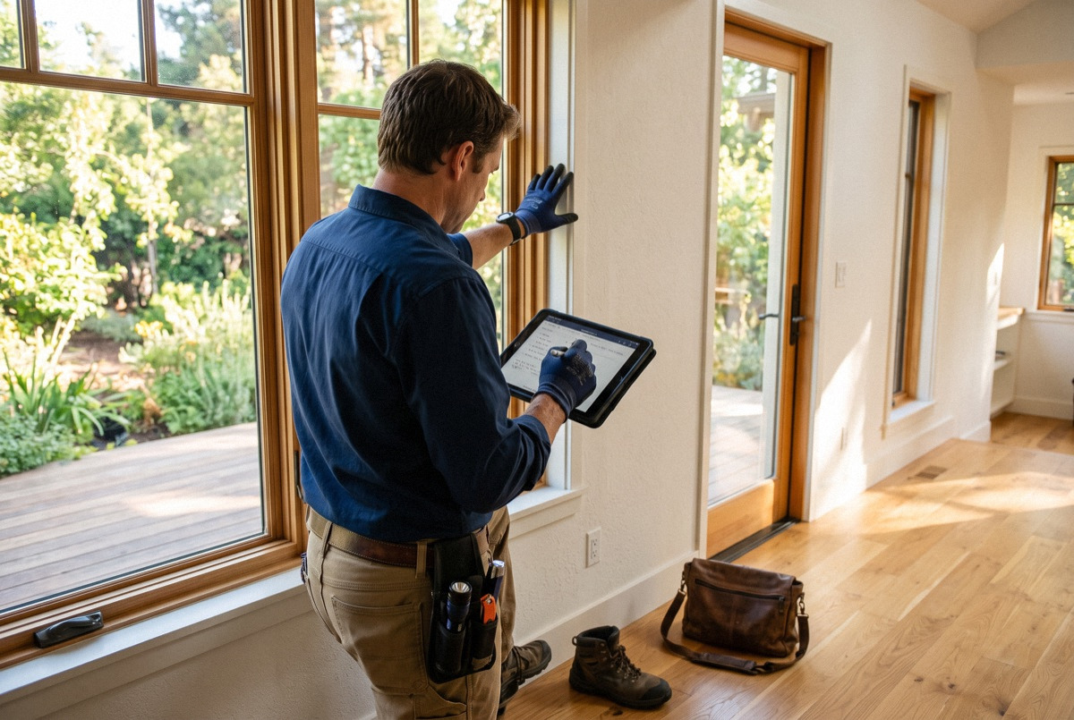Home inspector examining a window while taking notes